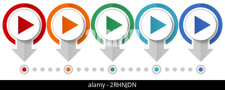 Play vector icon set, flat design infographic template, set pointer concept icons in 5 color options for webdesign and mobile applications Stock Vector