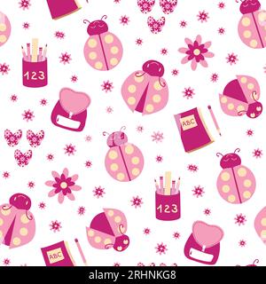 Back to school cute pink ladybugs seamless vector pattern background. Kawaii carton ladybird characters with pretty florals, pencils, school bags, ABC Stock Vector