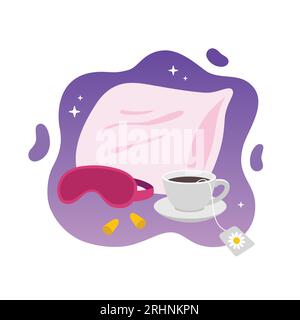 Set of items for better sleeping - pillow, face mask, earplugs, cup of chamomile tea. Good dream, relaxation, sleeping concept. trendy vector illustrations. flat design. Stock Vector