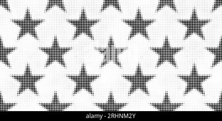 Seamless vintage halftone stars dot pattern background. Tileable grunge black and white printer ink raster dots texture overlay. Retro comic book or p Stock Photo