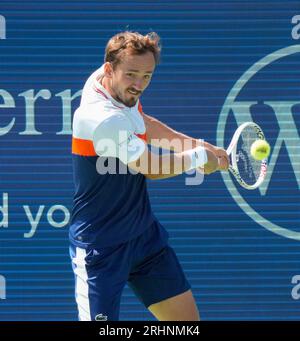 August 16, 2023: Daniil Medvedev (RUS) loses to Alexander Zverev (GER), 6-4, 5-6 at the Western & Southern Open being played at Lindner Family Tennis Center in Mason, Ohio, {USA} © Leslie Billman/Tennisclix/Cal Sport Media Stock Photo