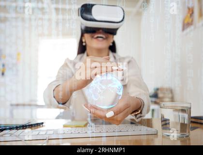 Business woman, virtual reality and globe for network in hands, holographic overlay or code for data in cyber metaverse. Happy developer, programming Stock Photo