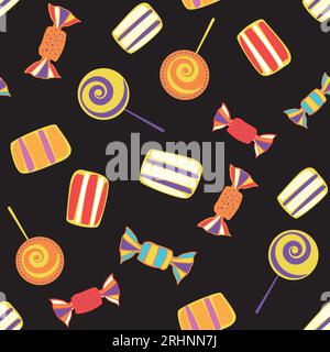 Halloween sweets seamless pattern. Vector design candies with halloween elements scattered background. Many types spooky dessert. Colorful treats Stock Vector