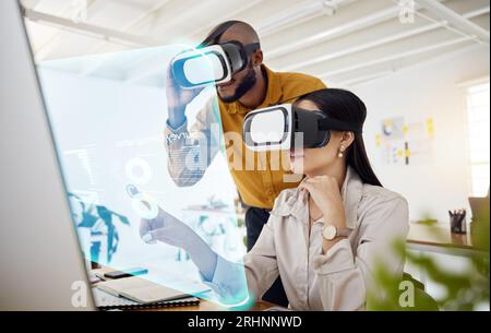 Business people, hologram and virtual reality, future technology and analysis with collaboration and overlay. Press on screen, metaverse and corporate Stock Photo