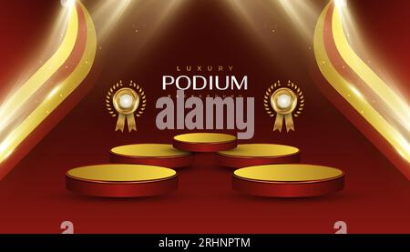 Red and Gold Podium with Golden Medals and Glowing Light Effect for Product Display Stock Vector
