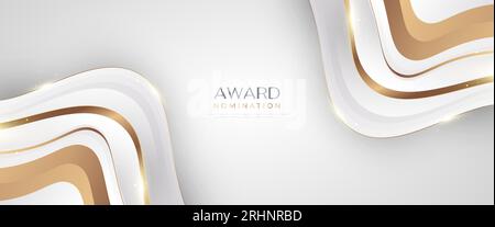 Luxurious and Elegant White and Gold Wavy Background with Golden Lines and Glowing Light. Can be Used for Award, Banner, Card, Nomination Stock Vector