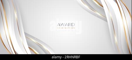 Luxurious and Elegant White and Gold Wavy Background with Golden Lines and Glowing Light. Can be Used for Award, Banner, Card, Nomination Stock Vector