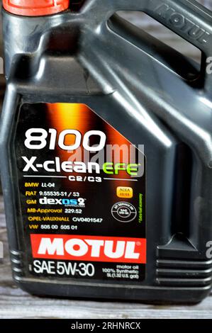 Cairo, Egypt, July 28 2023: Motul X-clean EFE 8100 motor oil SAE 5W-30 Synthetic High Performance Gasoline and Diesel engine oil for latest generation Stock Photo