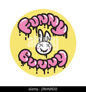 Graffiti Slogan Funny Bunny Doll with White Rabbit in street art style. Pink Urban style Lettering. Vector illustration. Hippie Sticker for T-Shirts, Wallpaper, Case Phone. Stock Vector
