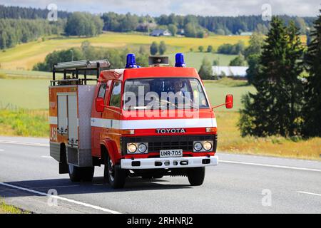 Classic Toyota Dyna fire truck of U20/Y20 series, which were manufactured in China 1977–1984. Pirkanmaa, Finland. August 10, 2023. Stock Photo