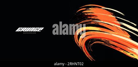 Abstract Grunge Background with Orange Brush and Halftone Effect Isolated on Black Background. Sport Banner or Background. Scratch and Texture Element Stock Vector
