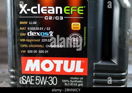 Cairo, Egypt, July 28 2023: Motul X-clean EFE 8100 motor oil SAE 5W-30 Synthetic High Performance Gasoline and Diesel engine oil for latest generation Stock Photo
