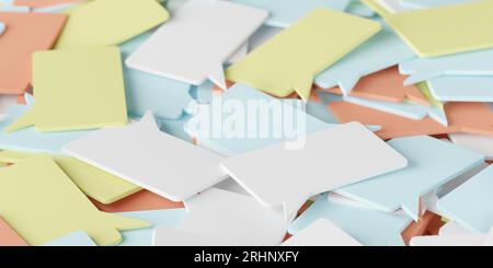 Heap of many speech bubbles or balloons with selective focus, social network communicationor group chat concept, 3D illustration Stock Photo