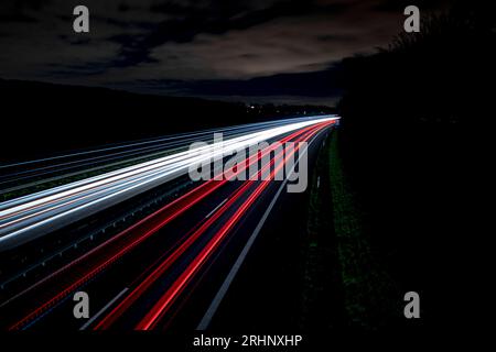 Long exposure on a highway in germany at night, lighttrails cold colors Stock Photo