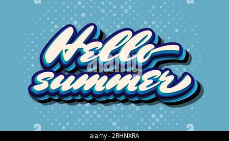 Hello Summer Poster with Vintage and Cartoon Letter Style Isolated on Blue Background Stock Vector