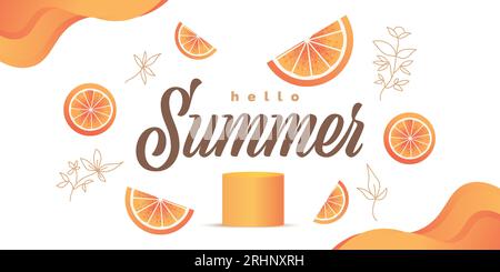 Hello Summer Background with Oranges Isolated on White Background. Summer Festive Background for Banner or Poster Design Stock Vector