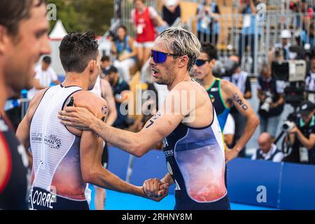 14 Pierre Le Corre (FRA) 07 Dorian Coninx (FRA) 03 Leo Bergere (FRA) during the 2023 World Triathlon Olympic & Paralympic Games Test Event, on August from 17 to 20, 2023 in Paris, France Stock Photo