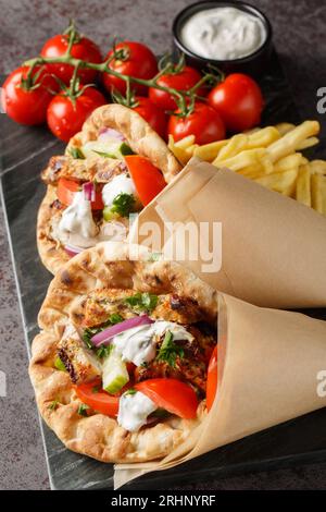 Greek gyros with chicken and fresh vegetables served with tzatziki sauce and french fries close-up on a board on the table. Vertical Stock Photo