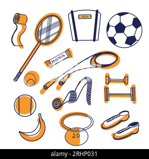 Set of vector illustrations. Tennis racket, jump rope, balls, sneakers, kettlebell, protein bar and banana drawn in dark blue Stock Vector