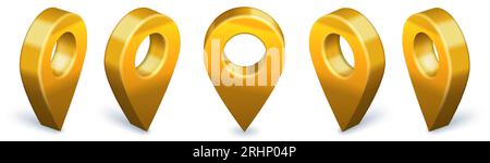 Golden locator pin 3D icon. Location map pointer rotation animation, gold metallic navigational markers and premium find us symbol vector set Stock Vector