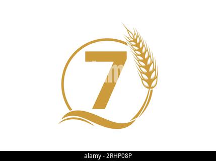 letter 7 sign symbol with wheat ears wreath. Agriculture Logo Farming Template Vector Symbol Stock Vector