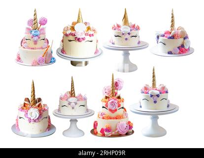 Set of beautiful birthday unicorn cakes with golden horns, eyelashes and cream cheese frosting isolated on white background, png Stock Photo