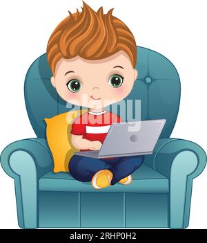 Vector Cartoon Cute Little Boy with Laptop Stock Vector