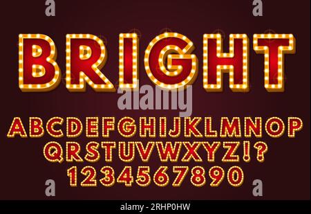 Glowing alphabet display font. Retro letters and numbers with light bulbs frames, nostalgic light sign lettering. Vintage signboard design vector Stock Vector