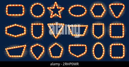 Retro frames with lights. Vintage sign with light bulbs, different shape signboards and lightbox banner with lamps on frame vector set Stock Vector