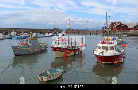 Fishing boats and vessels, WK3 Kayleigh Ann LH29 Carrie B, in sunny Newhaven harbour at high tide, Leith, Edinburgh, Scotland, UK, EH6 4LP Stock Photo