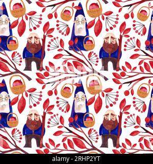 Autumn gnomes. Watercolor seamless pattern for fabrics, home textiles, clothes and wrapping paper. Fairytale vintage style. White background Stock Photo