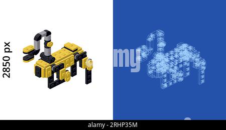 Concept with robot dog with arm in isometric style for print and design. Vector illustration. Stock Vector