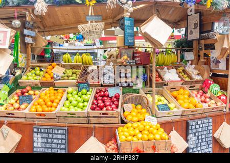 Fruit stall display inside Central Market, Halkett Place, St Helier, Saint Helier Parish, Jersey, Channel Islands Stock Photo