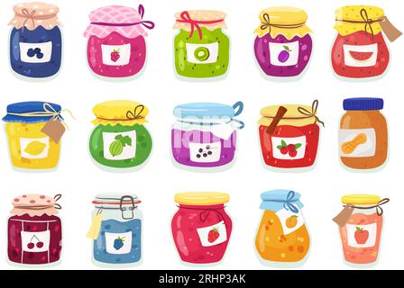 Homemade jams in glass jars. Gourmet sweet meals from berries, fruit preserves and peanut butter. Tasty jam isolated vector collection Stock Vector