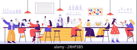 Bar party. People drinking at restaurant bar counter, celebration at pub interior and alcohol cocktails from bartender vector illustration Stock Vector