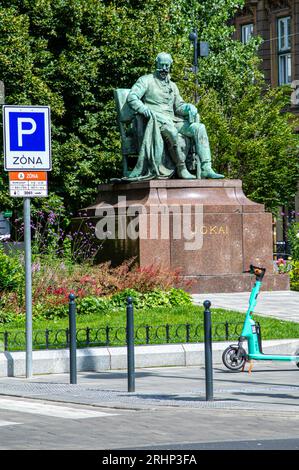 BUDAPEST, HUNGARY - JULY 7, 2023: Mor Jokai statue. Walking in city center. Beautiful summer day, people on the street in Budapest, Hungary on July 7, Stock Photo