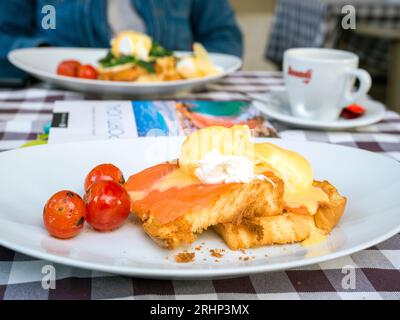 Breakfast at Hotel Santiago de Alfama,homemade Eggs Benedict on Brioche Bread,planing the day with a guide  book from Portugal   Lisbon, Portugal ,Eur Stock Photo