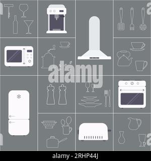 Clipart of kitchen tools on grey background. Concept home interior. Stock Vector