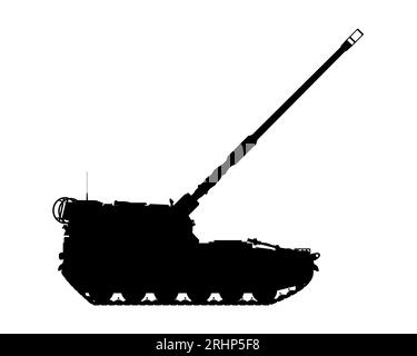 AHS Krab silhouette. Self-propelled artillery. Raised barrel. Poland army. Military armored vehicle. Detailed vector illustration isolated on white background. Stock Vector