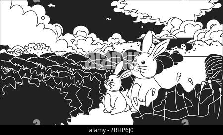 Kawaii rabbits black and white cute chill lo fi wallpaper Stock Vector