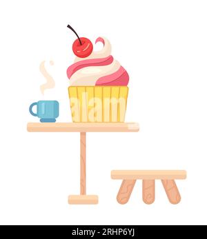 Ice cream and coffee cup on table semi flat colour vector object Stock Vector