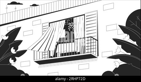 Curtains blowing in wind from opened window black and white chill lo fi background Stock Vector