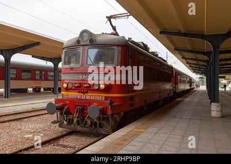 Burgas, Bulgaria - May 13 2019: Train BDZ Class 42 manufactured by Škoda Works and used by the Bulgarian State Railways at Burgas Central railway stat Stock Photo