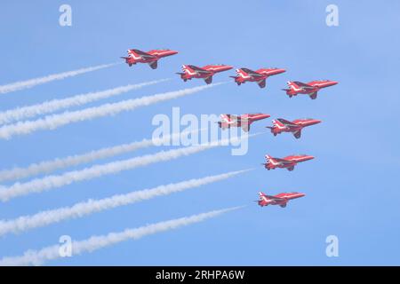 Eastbourne,UK. 18th August 2023. Poor weather and limited visibility hampered Eastbourne air show today with the Red Arrows only appearing for a limited display. Credit:Ed Brown/Alamy Live News Stock Photo