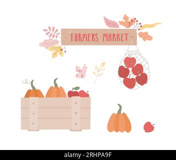 Fall Harvest in wood box, eco bag. Cozy Farmers market banner, apples, pumpkins. Vector clip art, set. Stock Vector