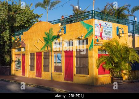 Key West, Florida, USA. The Blue Macaw, a popular cocktail bar with rooftop terrace, sunset, Bahama Village, Old Town. Stock Photo