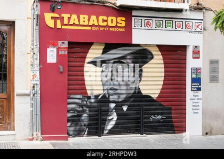 tobacco shop granada Spain, Andalusia, Granada, street art, graffiti, tobacco store, Humphrey  Bogart, portrait Stock Photo