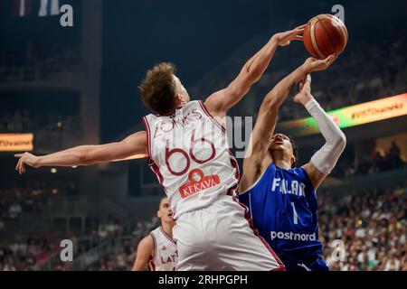 RIGA, LATVIA. 16th August 2023.  Latvia National Men's basketball team vs. Finland National Men's basketball team friendly game before FIBA BASKETBALL WORLD CUP 2023. Stock Photo