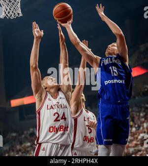 RIGA, LATVIA. 16th August 2023.  Latvia National Men's basketball team vs. Finland National Men's basketball team friendly game before FIBA BASKETBALL WORLD CUP 2023. Stock Photo