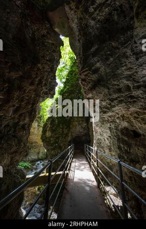Fissure in the rock of the Rio Sass canyon. Europe, Italy, Trentino South Tyrol, Non valley, Trento district, Borgo d'Anaunia, Fondo Stock Photo
